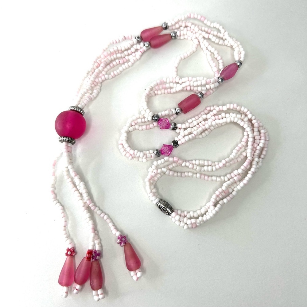Pink & White Beach Summertime Bohemian Necklace 32” With Tassel